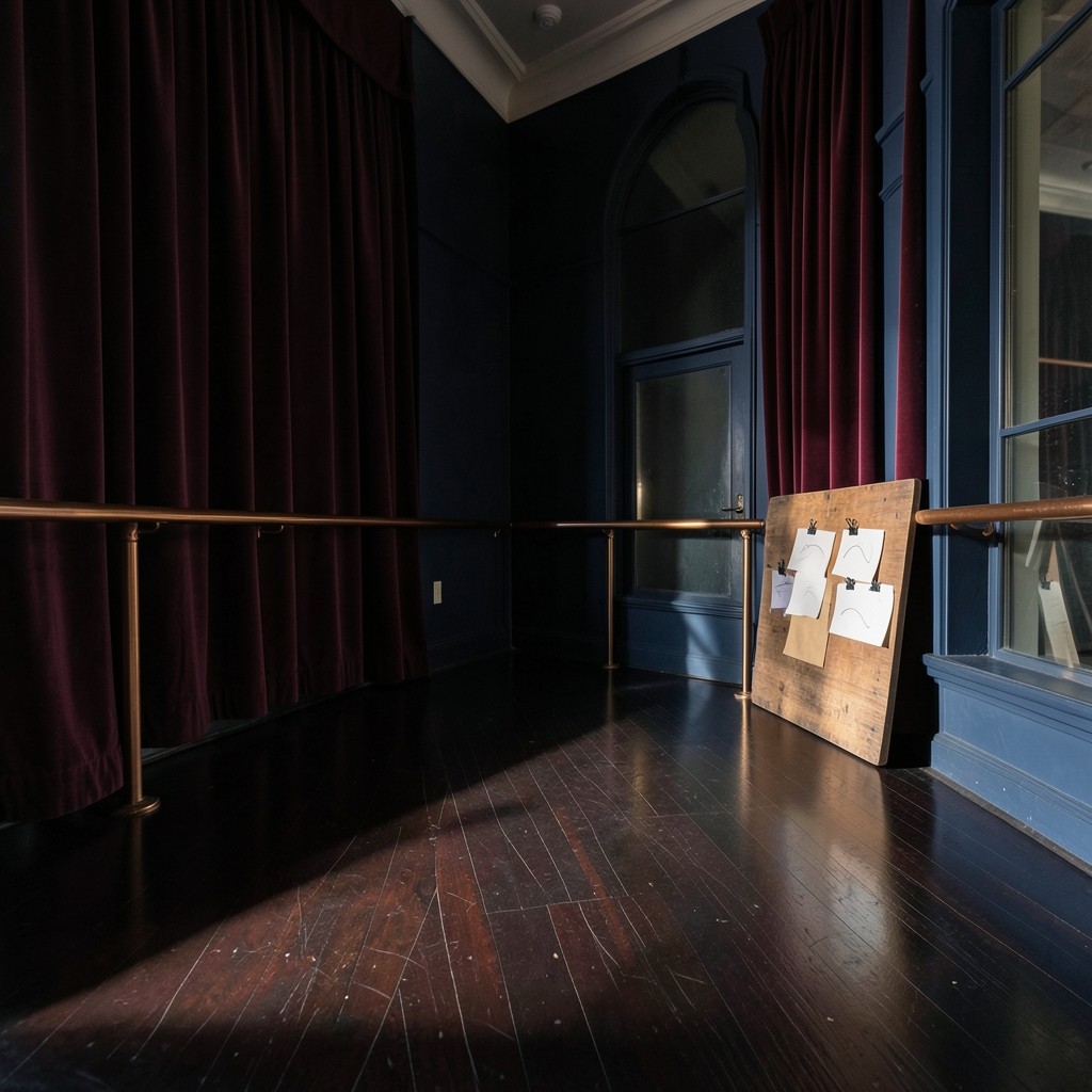 The empty academy room with dark wood, velvet curtains, and paper charts clipped to a board