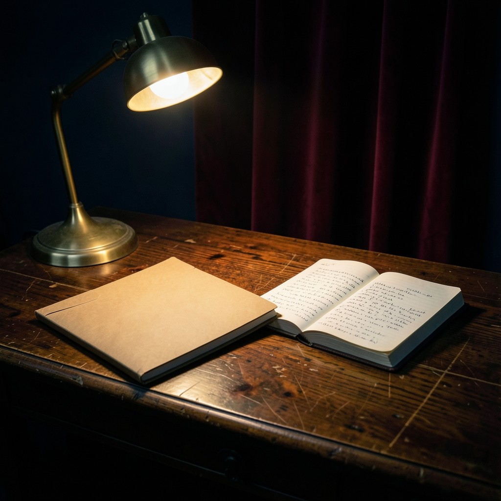 A closed chart folder beside an open notebook in a dim velvet study