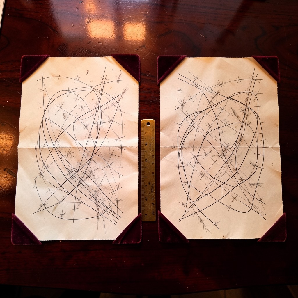 Two printed charts side by side on a desk, with different pencil marks and a small brass ruler