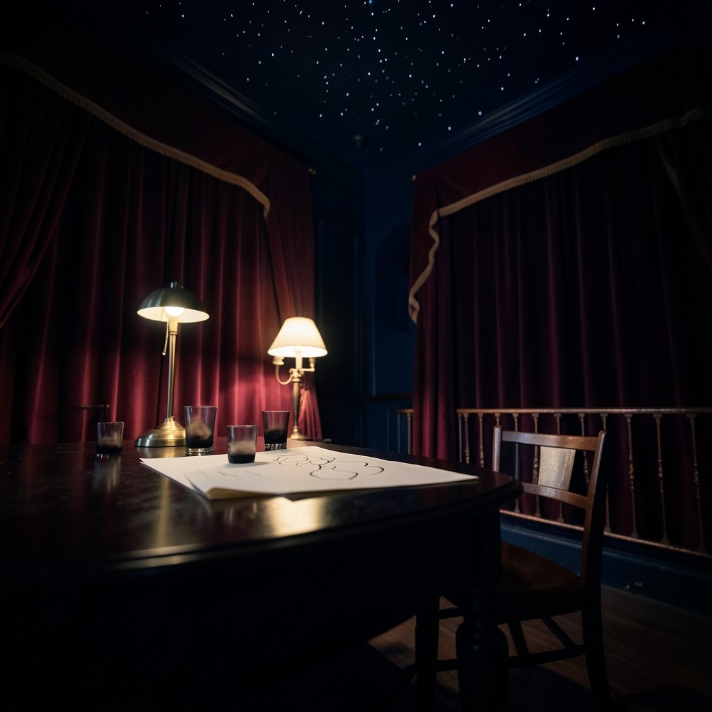 Evening study room with a large unlabeled paper chart on dark wood, burgundy velvet curtains, and a brass lamp