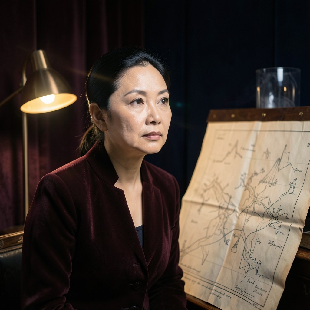 Portrait of the lead instructor beside a large paper chart in the dim academy room