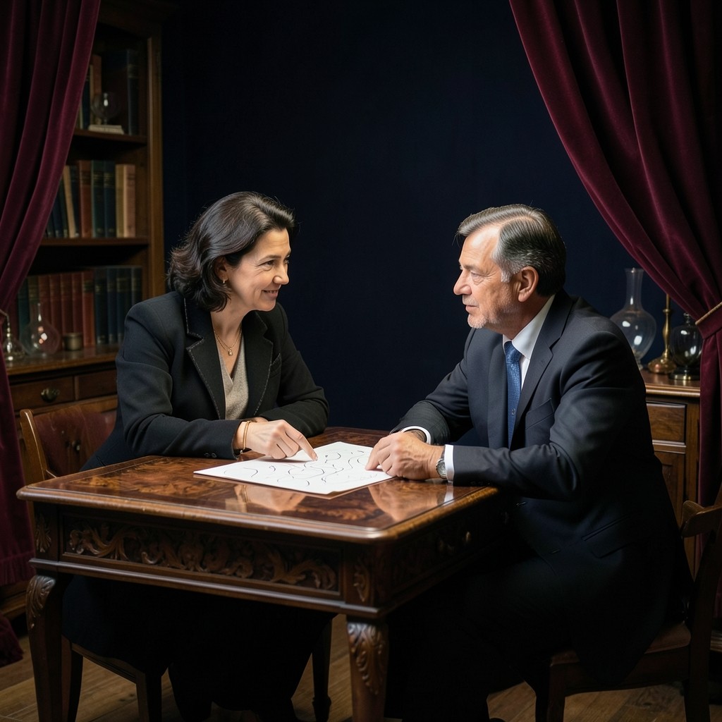 An instructor and a learner reviewing a marked paper chart together at a small lacquered desk