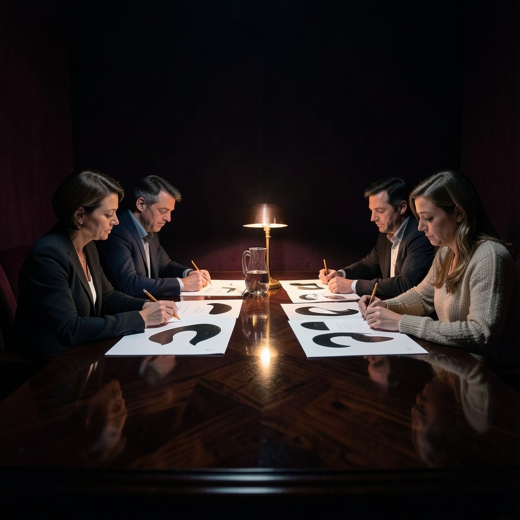 Four adults seated at a long wooden table, marking printed charts with pencils in a velvet-draped evening classroom