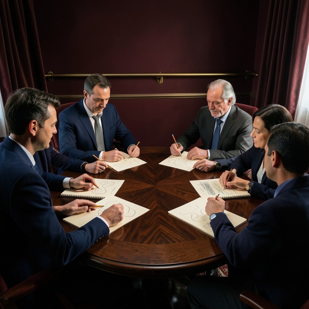 A small Saturday group around a round table comparing handwritten notes beside the same unlabeled chart